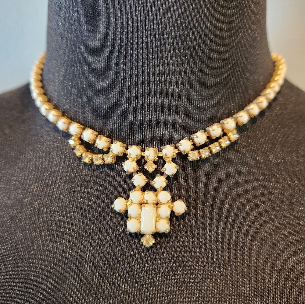Vintage milk glass and clear rhinstone necklace